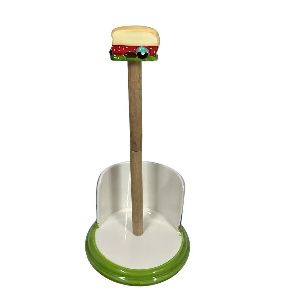 LTD COMMODITIES RV Paper Towel Holder Camping Happy Camper Ceramic Wood Retro